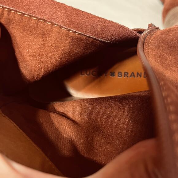 Lucky Brand Boots Laiden Rust Suede Leather Ankle Boho Chunky Heel Zip 7.5M/38 - Picture 7 of 9